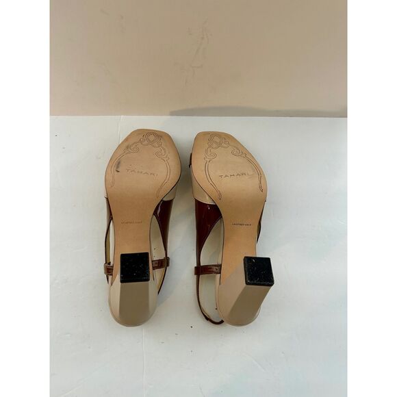 Tahari Leather Open Toe Slingback Sandal Chunky Heels, Beige/Brown, size 7 - Picture 3 of 6
